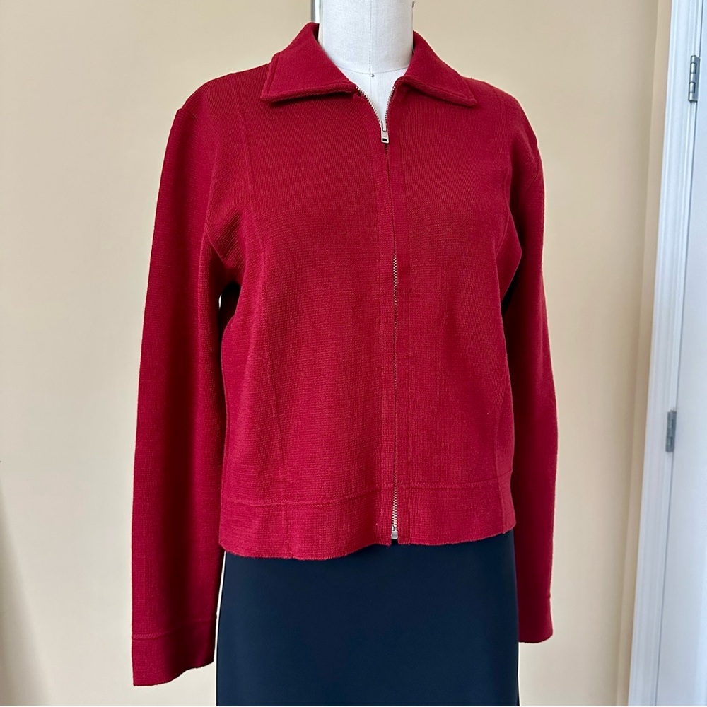 BERGDORF GOODMAN Women's Lana Wool Burgundy Zip Cardigan Made in Italy. Size 8